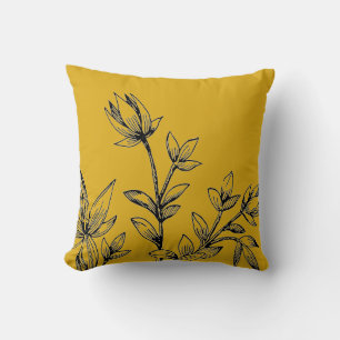 Mustard Yellow & Black Botanical Rhatany Throw Pillow