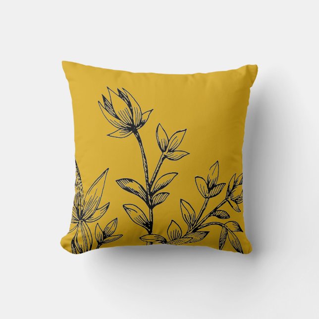 Mustard Yellow & Black Botanical | Rhatany Throw Pillow (Front)