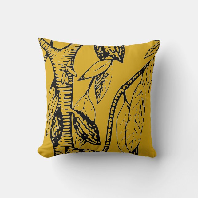 Mustard Yellow & Black Cacao Tree Throw Pillow (Front)
