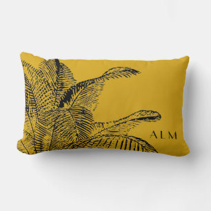 Mustard Yellow & Black Palm Leaf Monogrammed Lumbar Pillow