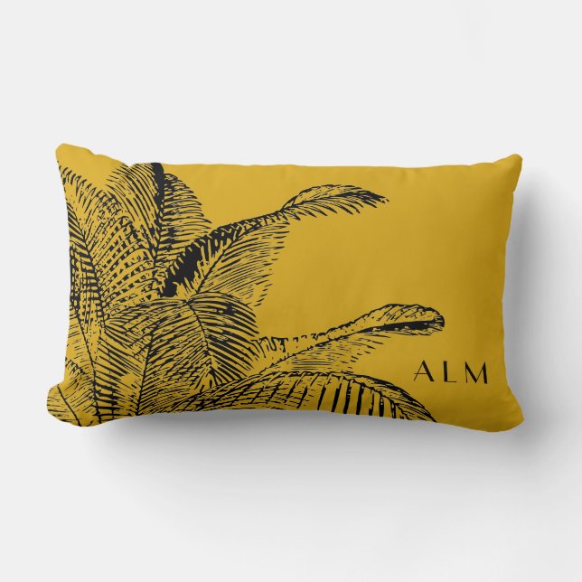 Mustard Yellow & Black Palm Leaf | Monogrammed Lumbar Pillow (Front)