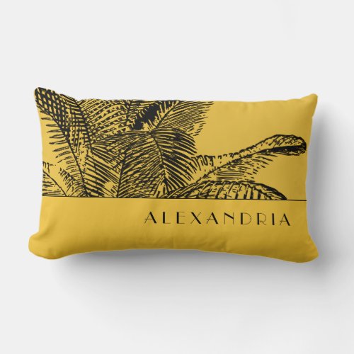 Mustard Yellow  Black Palm Tree  Custom Name Lumbar Pillow
