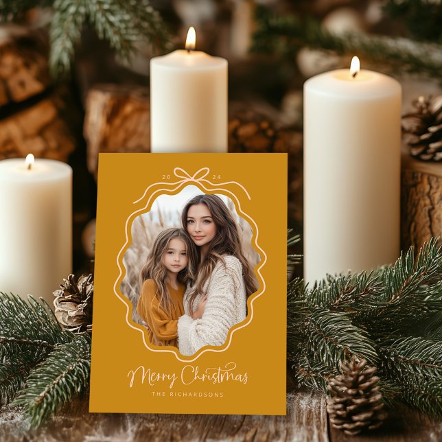 Mustard Yellow Blush Pink Wavy Retro Photo Holiday Card (Shown on a 5" x 7" card)
