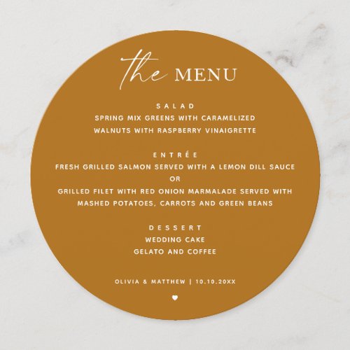 Mustard yellow boho fall minimalist wedding circle menu