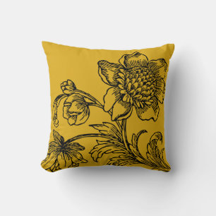 Mustard Yellow Botanical Flowers in Bloom Throw Pillow
