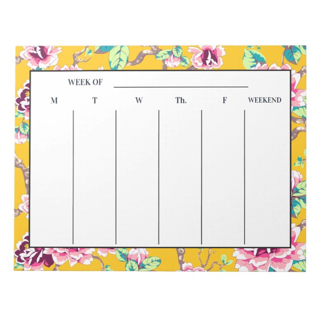 Mustard Yellow Bright Pink Floral Weekly Plans Notepad (Front)