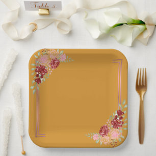 Mustard Yellow Burgundy Floral Watercolor Wedding Paper Plates