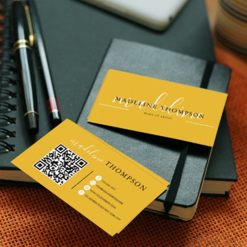 Mustard Yellow Calligraphy Script QR code  Business Card