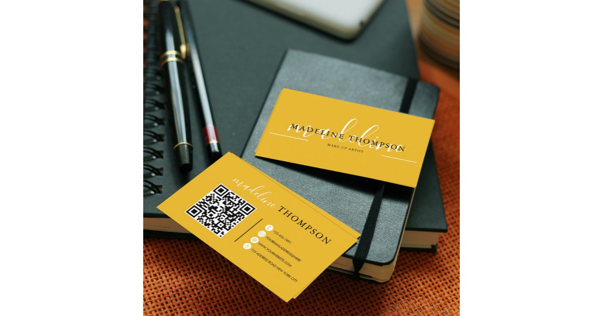 Mustard Yellow Calligraphy Script QR code Business Card | Zazzle