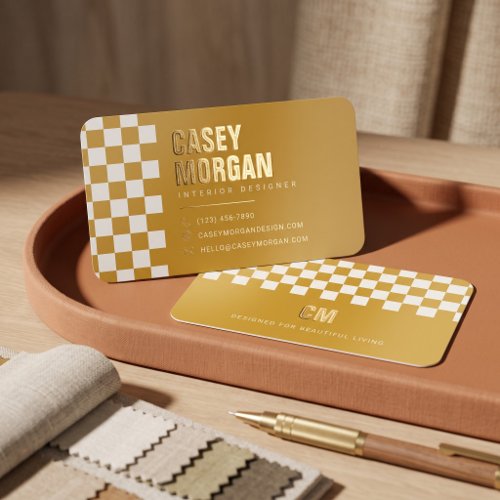 Mustard Yellow Checkerboard Foil Business Cards