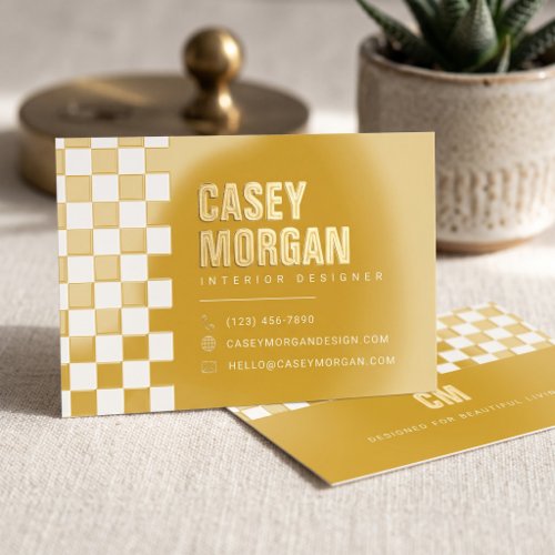 Mustard Yellow Checkerboard Foil Spot Gloss Business Cards