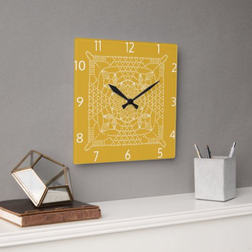 Mustard Yellow Crochet Chart Square Wall Clock