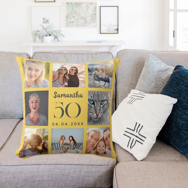 Mustard yellow custom photo collage birthday throw pillow (Creator Uploaded)
