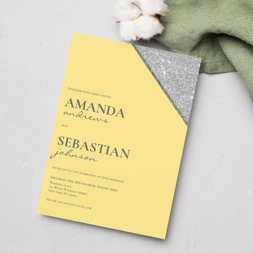 Mustard yellow elegant chic silver glitter wedding invitation