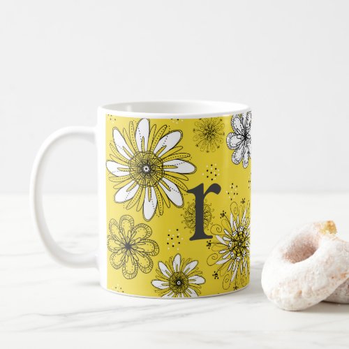 Mustard Yellow Floral Pen and Ink Monogram Coffee Mug