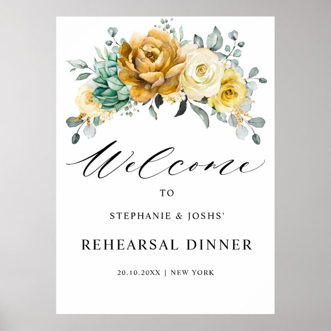 Mustard Yellow Floral Rehearsal Dinner Welcome Poster (Front)