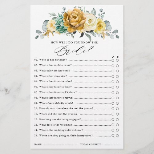 Mustard Yellow Floral Sage Bridal Shower Game