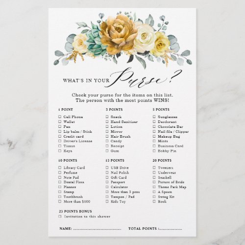 Mustard Yellow Floral Sage Bridal Shower Game