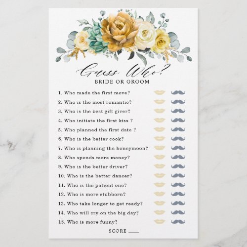 Mustard Yellow Floral Sage Bridal Shower Game