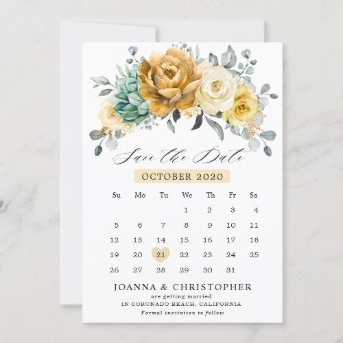 Mustard Yellow Floral Sage Calendar Save the Date 