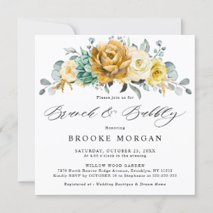 Mustard Yellow Floral Sage Green Brunch and Bubbly Invitation