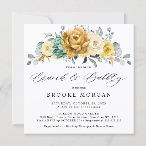 Mustard Yellow Floral Sage Green Brunch and Bubbly Invitation