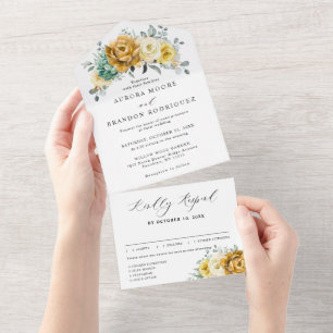 Mustard Yellow Floral Sage Greenery Modern Wedding All In One Invitation