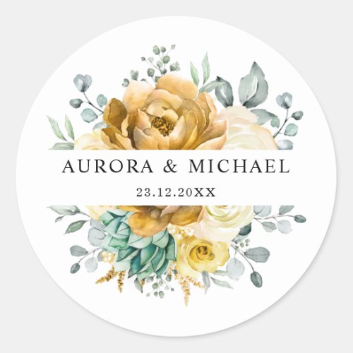 Mustard Yellow Floral Sage Greenery Modern Wedding Classic Round Sticker
