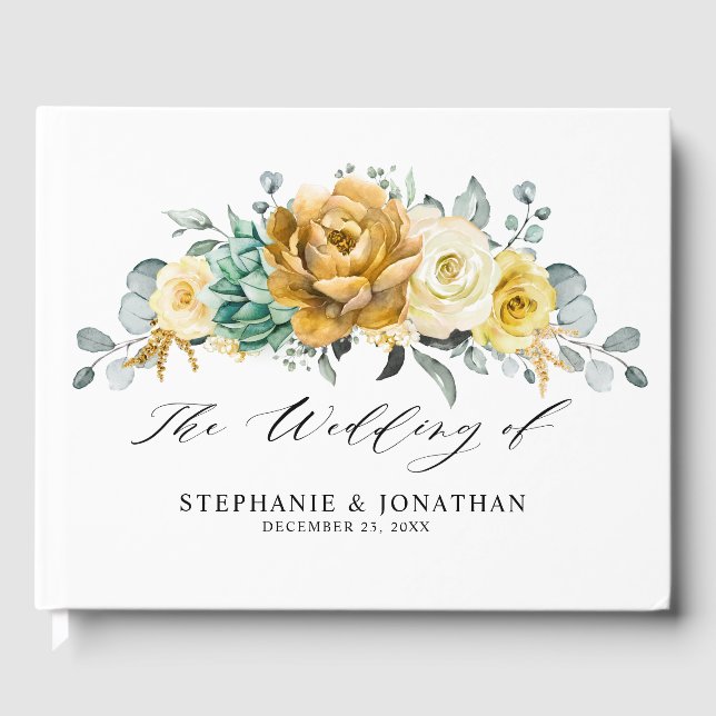 Mustard Yellow Floral Sage Greenery Modern Wedding Guest Book (Front)