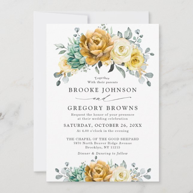 Mustard Yellow Floral Sage Greenery Modern Wedding Invitation (Front)