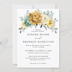 Mustard Yellow Floral Sage Greenery Modern Wedding Invitation