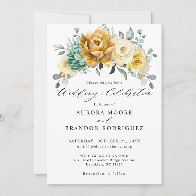 Mustard Yellow Floral Sage Greenery Modern Wedding Invitation (Front)