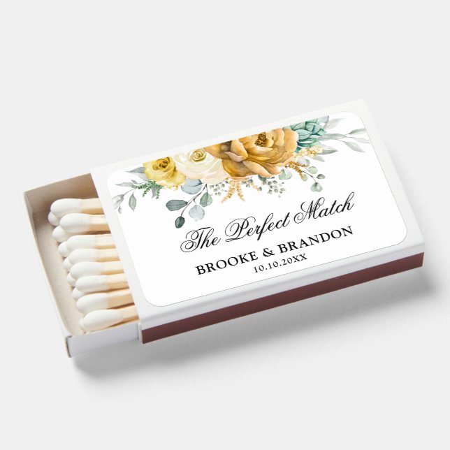 Mustard Yellow Floral Sage Greenery Modern Wedding Matchboxes (Front Open)