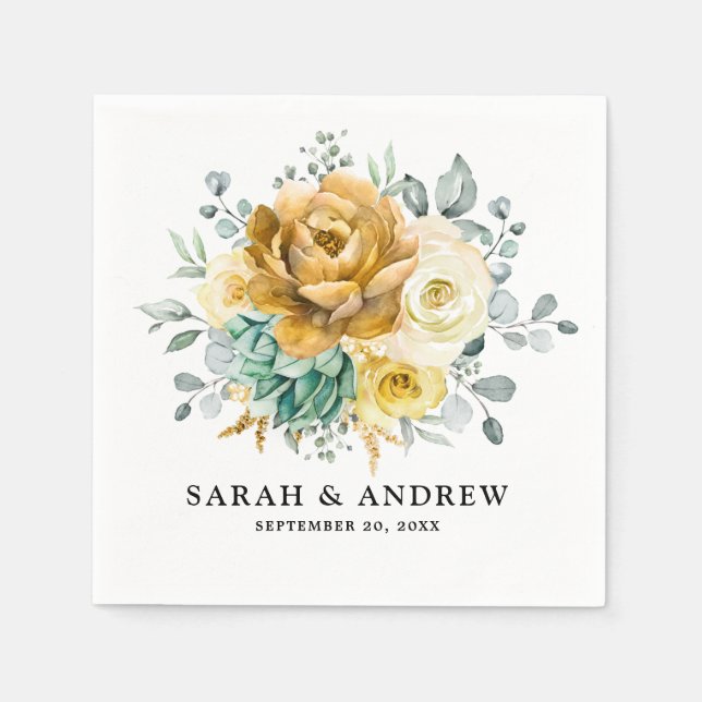Mustard Yellow Floral Sage Greenery Modern Wedding Napkins (Front)