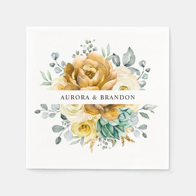 Mustard Yellow Floral Sage Greenery Modern Wedding Napkins (Front)