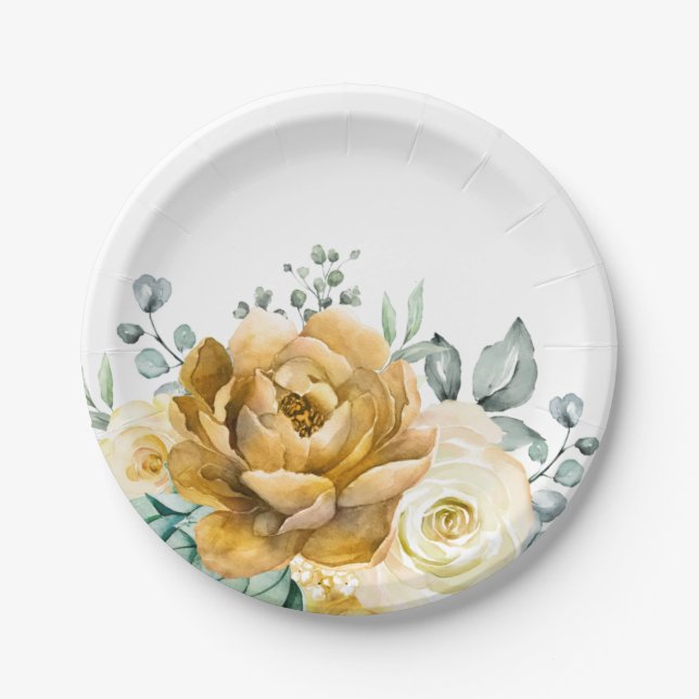 Mustard Yellow Floral Sage Greenery Modern Wedding Paper Plates (Front)