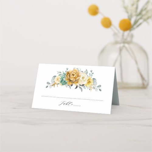 Mustard Yellow Floral Sage Greenery Modern Wedding Place Card