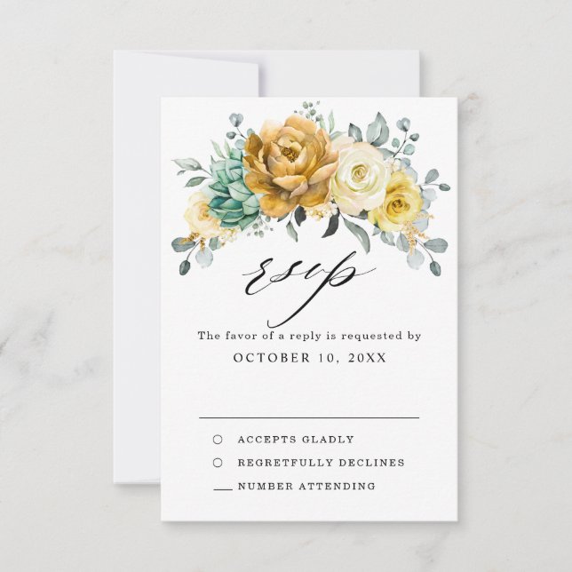 Mustard Yellow Floral Sage Greenery Modern Wedding RSVP Card (Front)