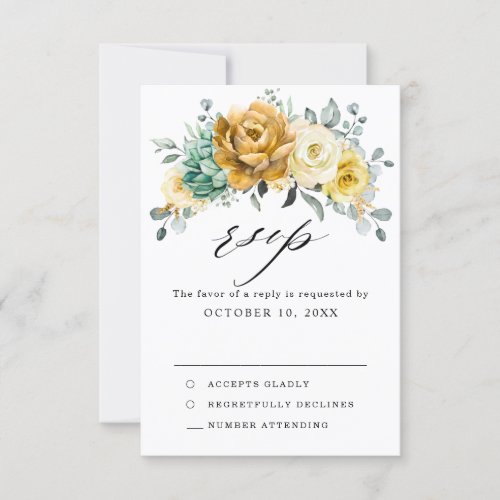 Mustard Yellow Floral Sage Greenery Modern Wedding RSVP Card