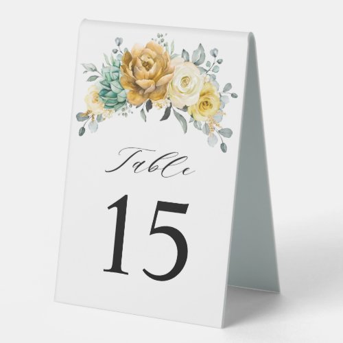 Mustard Yellow Floral Sage Greenery Modern Wedding Table Tent Sign