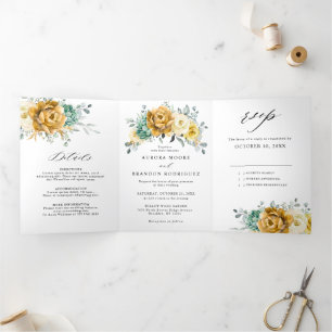 Mustard Yellow Floral Sage Greenery Modern Wedding Tri-Fold Announcement