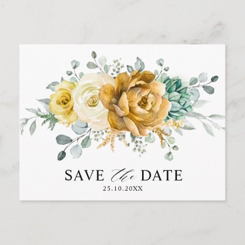 Mustard Yellow Floral Sage Greenery Save the Date Postcard