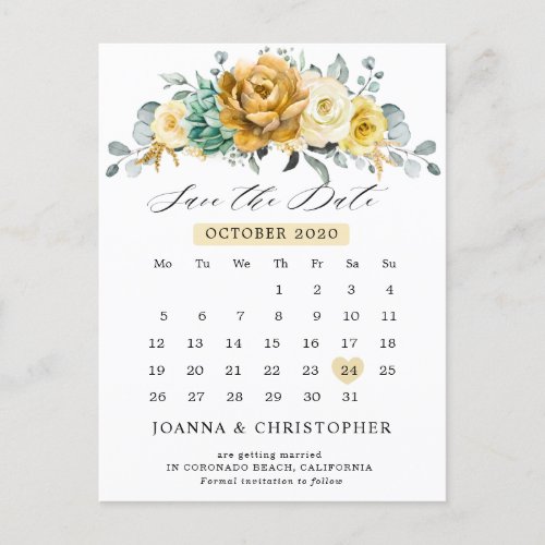 Mustard Yellow Floral Sage Greenery Save the Date Postcard