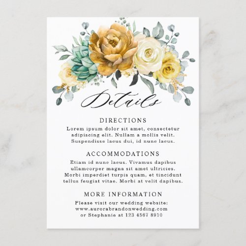 Mustard Yellow Floral Sage Wedding Details Enclosure Card