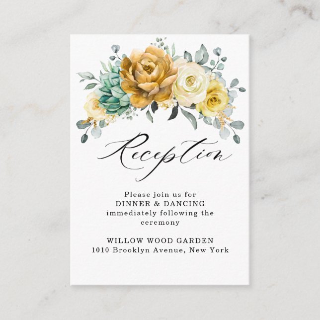 Mustard Yellow Floral Sage Wedding Reception  Enclosure Card (Front)