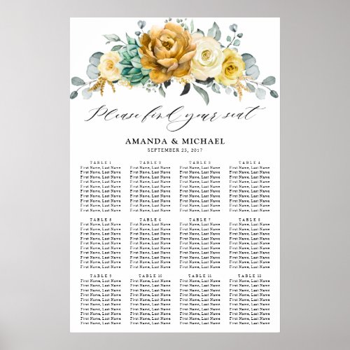 Mustard Yellow Floral Sage Wedding Seating Chart