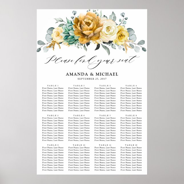 Mustard Yellow Floral Sage Wedding Seating Chart (Front)