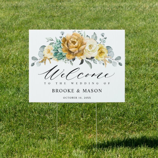 Mustard Yellow Floral Sage Wedding Welcome Sign (Insitu)