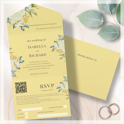 Mustard Yellow Floral  Wedding QR Code RSVP   All In One Invitation
