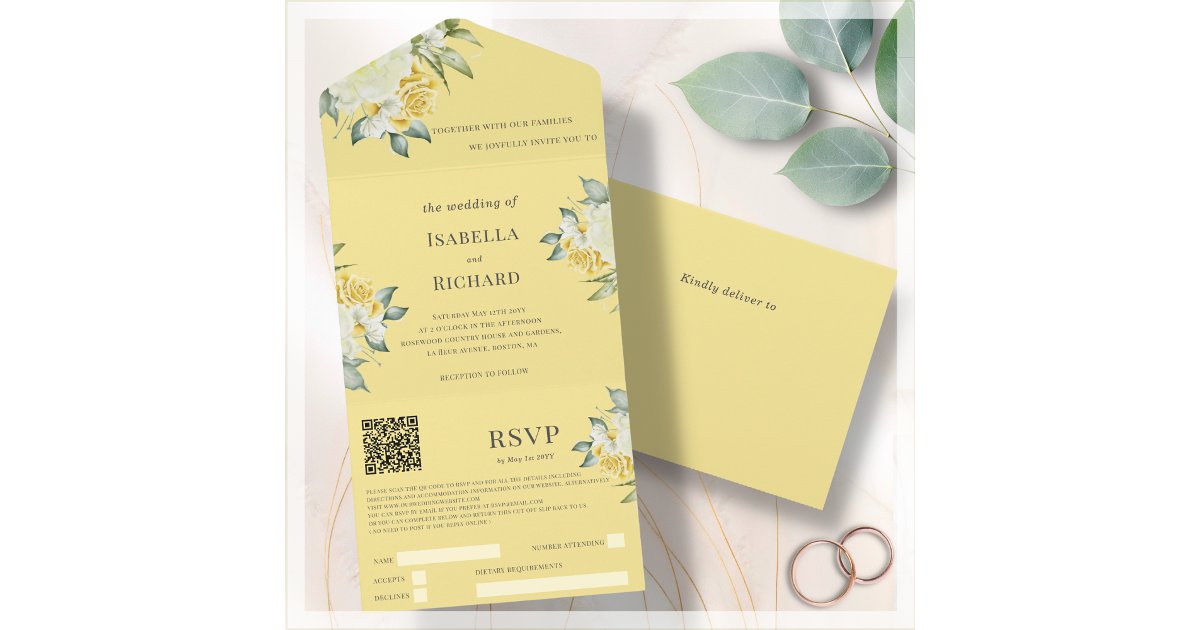 Mustard Yellow Floral | Wedding QR Code RSVP All In One Invitation | Zazzle